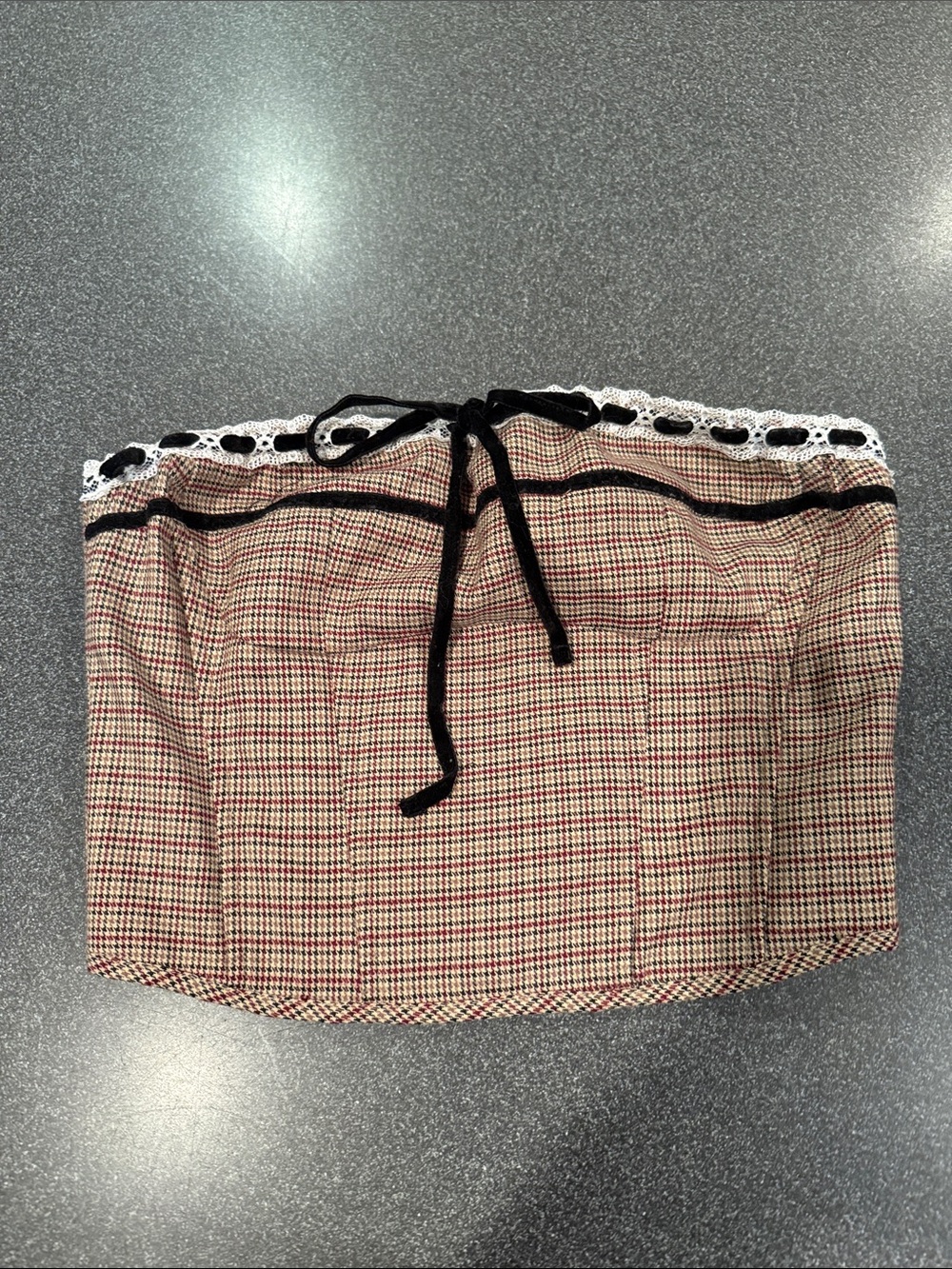 Plaid Strapless Crop Top with Lace Trim in Beige and Black